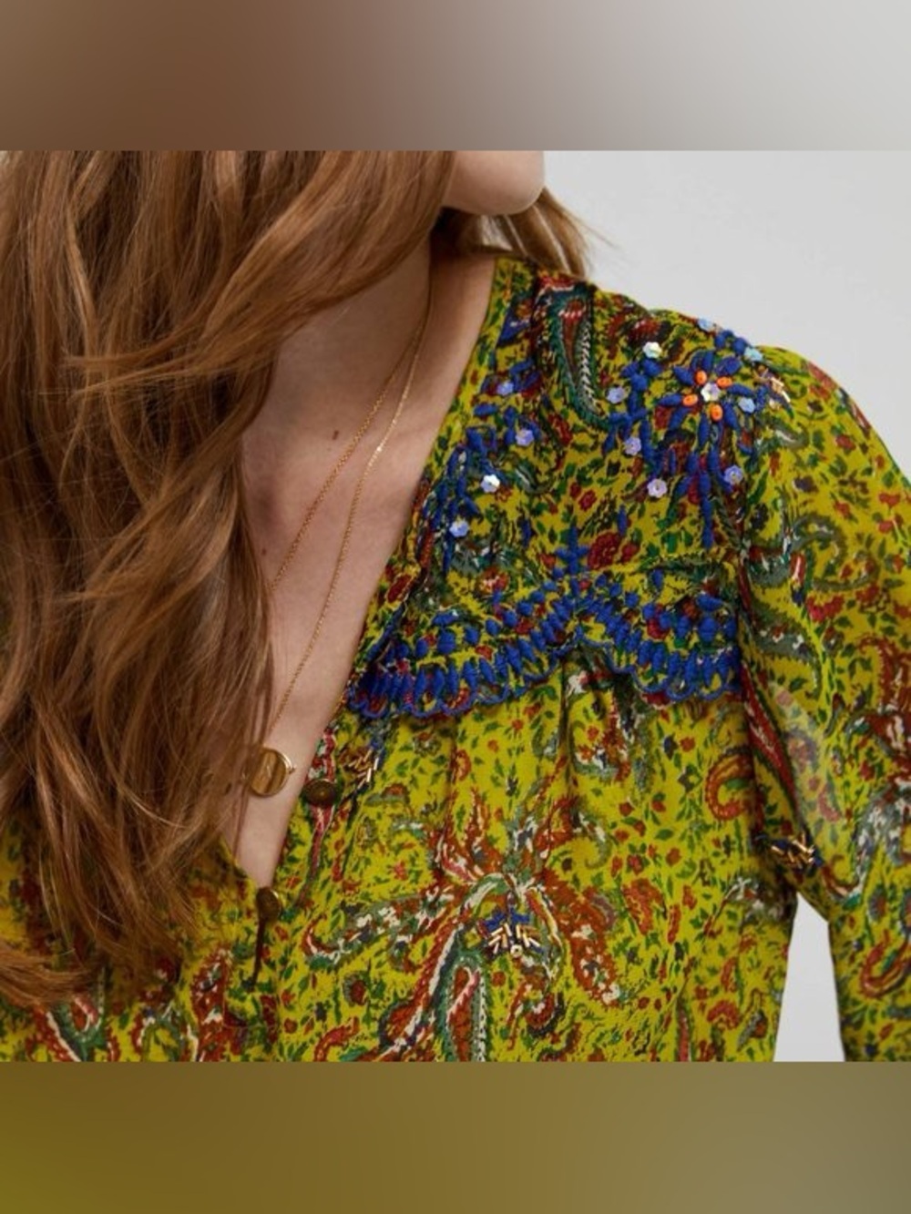 Anthropologie Beaded Priya Blouse Printed Green Size Large *388 - Picture 4 of 14